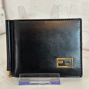 Fendi Slim Black Calfskin Leather Money Clip with Gold Logo